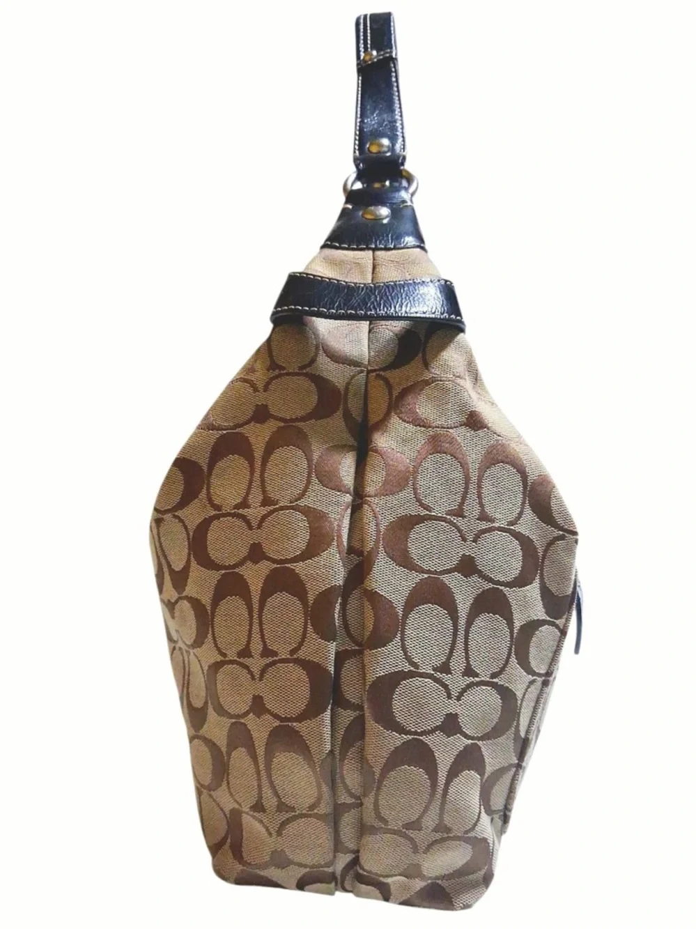COACH Penelope Signature Hobo Canvas Bag Tan Brown with Black Handle and Trim